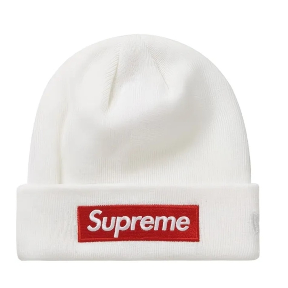 Supreme White Knit Beanie with Red Box Logo
